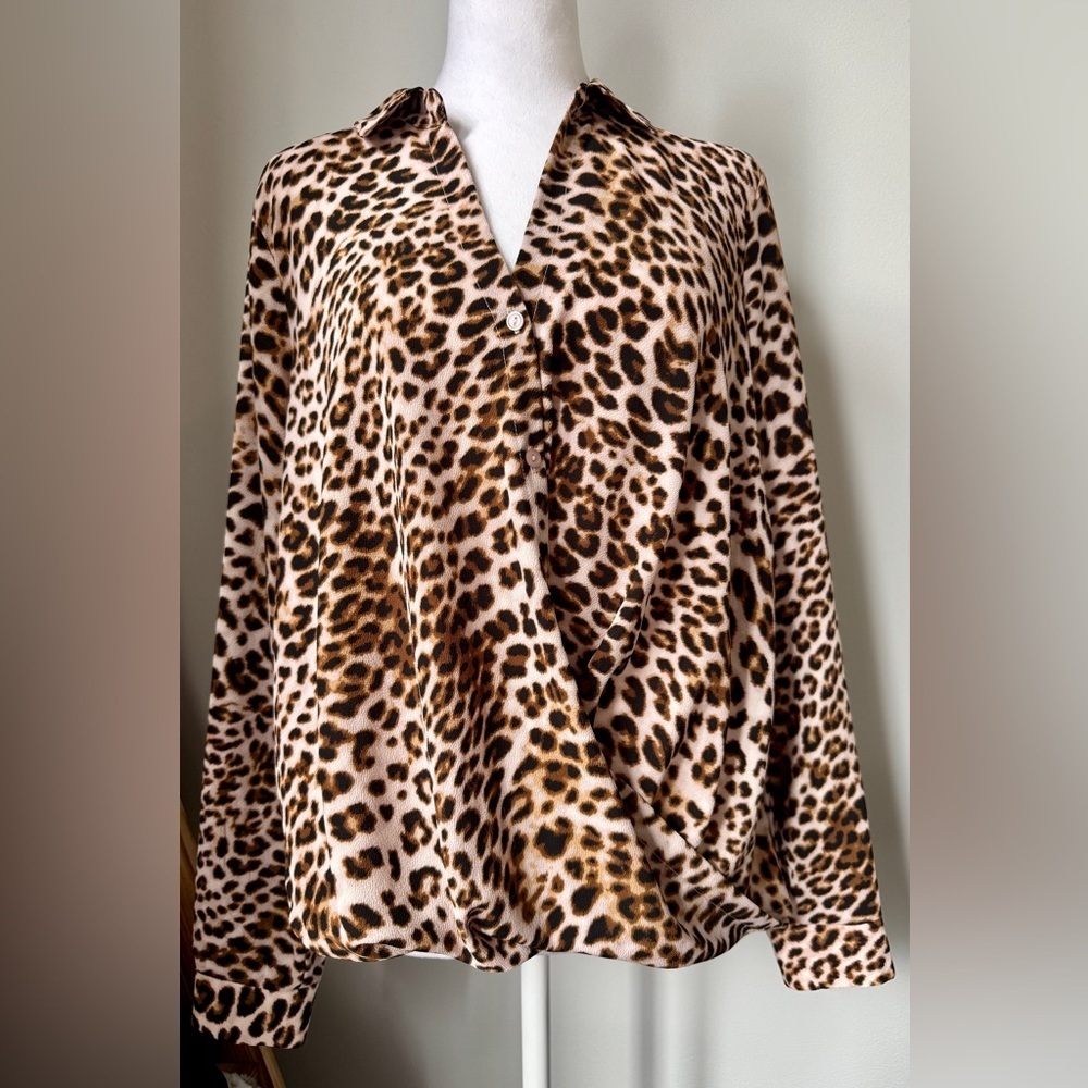 All in Favor Leopard-Print Button Down Blouse in Brown and Cream-NWT-Medium